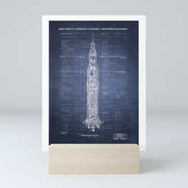 Apollo 11 Saturn V Blueprint in High Resolution (dark blue) Mini Art Print