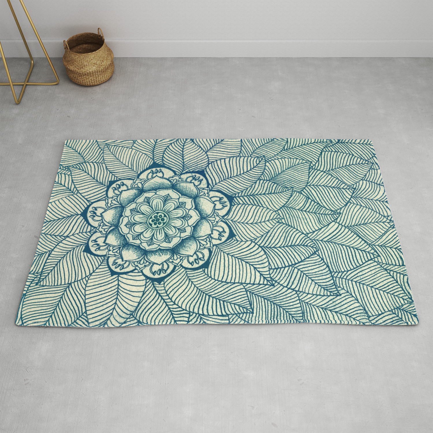 Emerald Green Navy Cream Fl Leaf Doodle Rug By Micklyn Cream Fl Leaf Doodle Rug