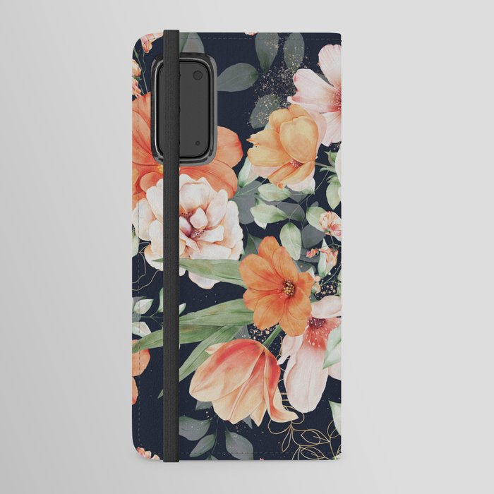 Peach Florals with Painted Speckles on Navy Blue Android Wallet Case