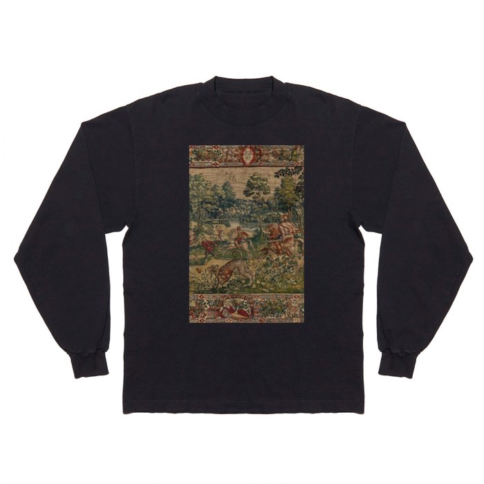 Antique 16th Century Pastoral Hunting Scene Flemish Tapestry Long Sleeve T Shirt