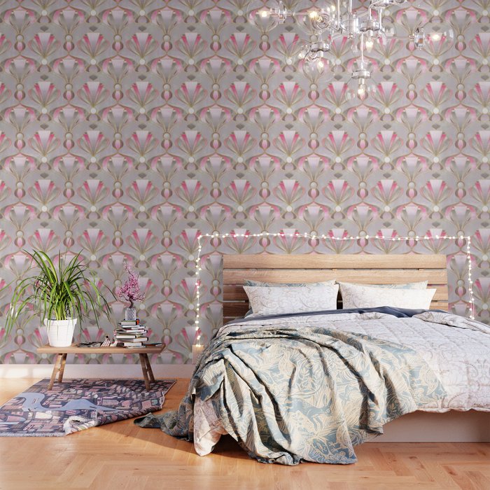 Rose Pink, Grey and Gold Art Deco Wallpaper