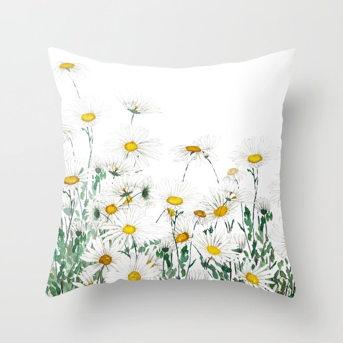 white margaret daisy horizontal watercolor painting Throw Pillow