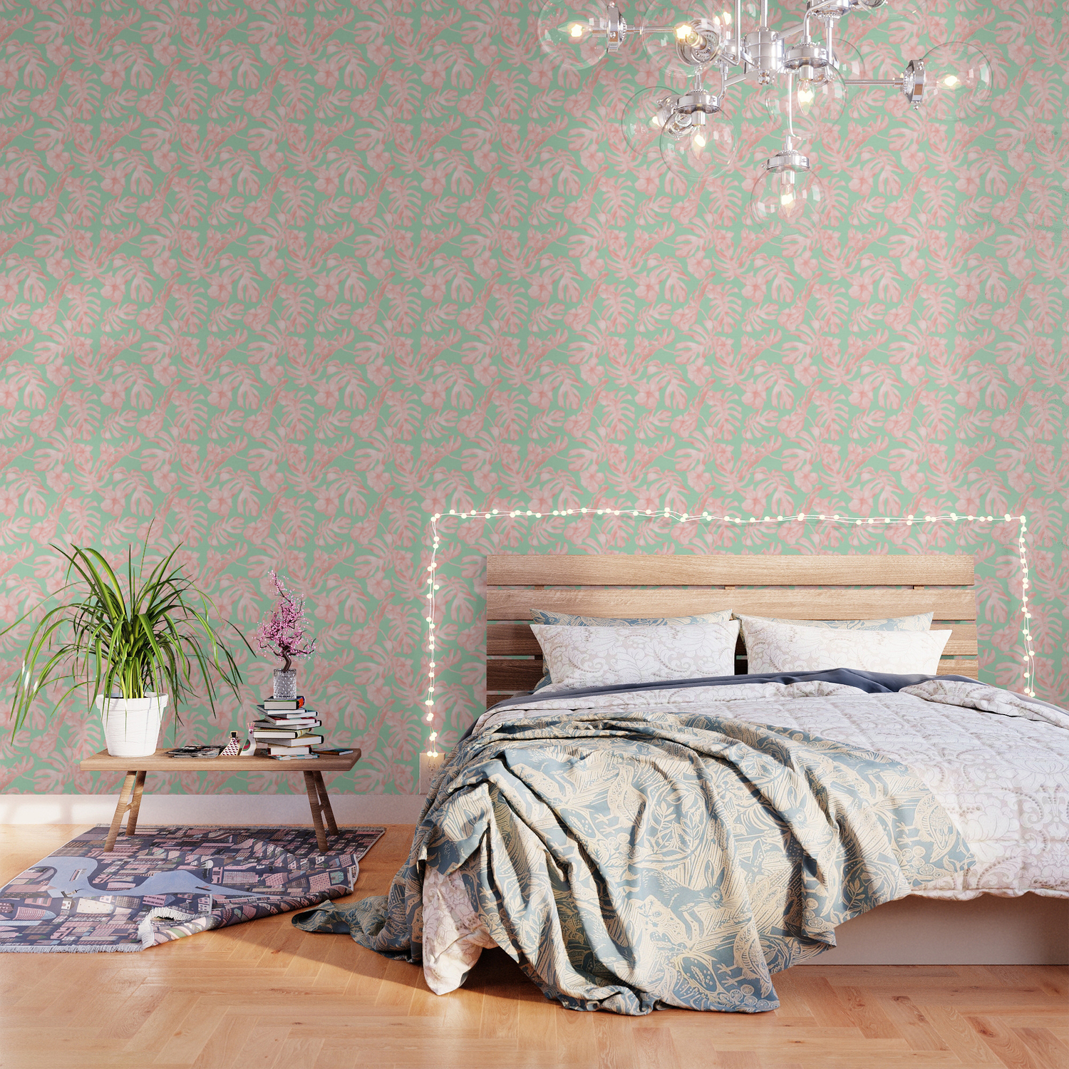 Tropical Palm Leaves Hibiscus Pink Mint Green Wallpaper