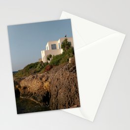 Vintage Poster of Cliff House in Greece | White Building on the Sea Shore, Island Life | Travel Photography in Greece, Europe Stationery Card