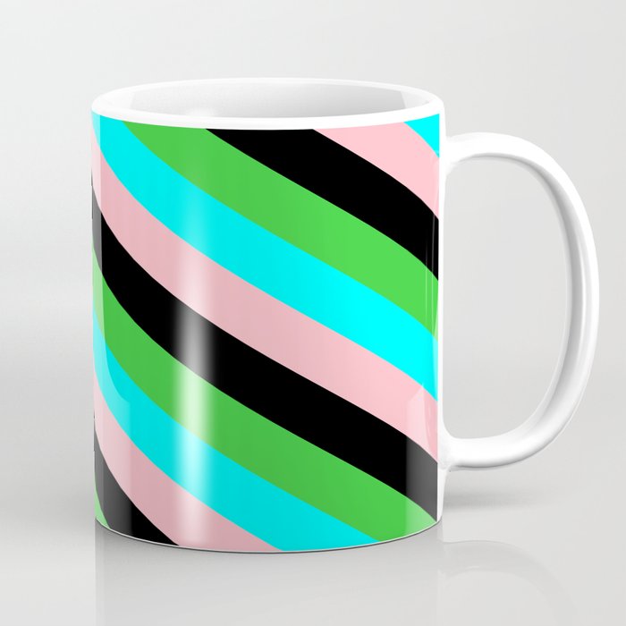 Lime Green, Cyan, Light Pink & Black Colored Striped Pattern Coffee Mug