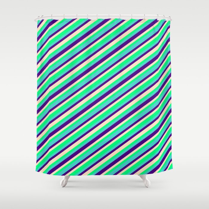 Turquoise, Indigo, Bisque & Green Colored Lines Pattern Shower Curtain