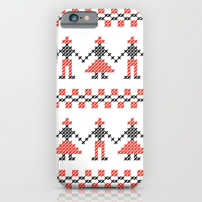 Traditional Romanian dancing people cross-stitch motif white iPhone Case