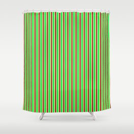 [ Thumbnail: Eyecatching Lime, Green, Light Salmon, Dark Red, and Beige Colored Lines Pattern Shower Curtain ]