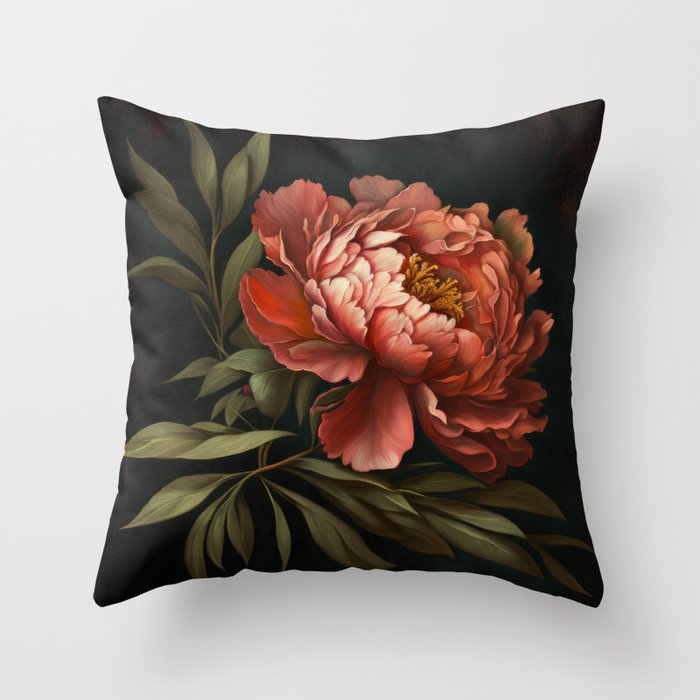 Fine art Oil Painterly Floral peony Dark coral Background Throw Pillow