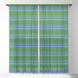 [ Thumbnail: Royal Blue & Dark Green Colored Striped/Lined Pattern Sheer Curtain ]