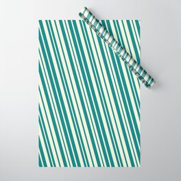 [ Thumbnail: Teal & Beige Colored Lined/Striped Pattern Wrapping Paper ]
