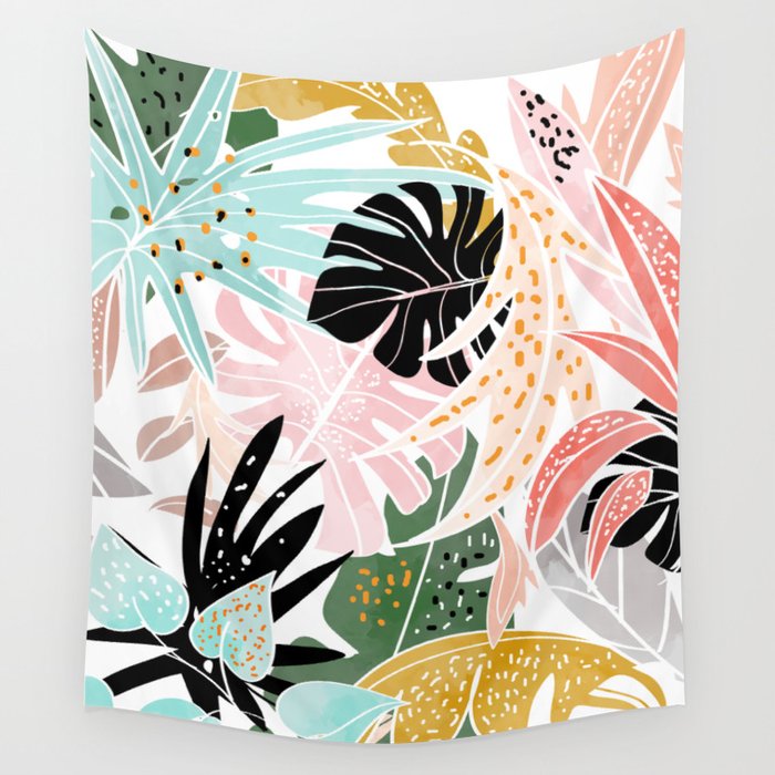 Veronica, Tropical Eclectic Bold Monstera Palm Illustration Nature Modern Colorful Jungle Wall Tapestry