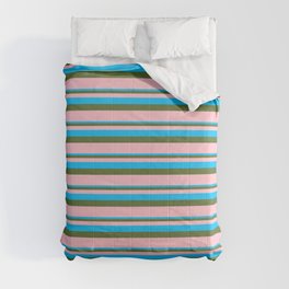 [ Thumbnail: Deep Sky Blue, Dark Olive Green & Pink Colored Lined/Striped Pattern Comforter ]