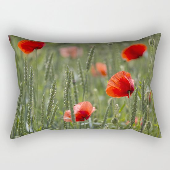 Red Poppy Flowers on green meadow Rectangular Pillow