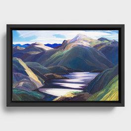 Light and shadow snow peak alpine lake clouds and sun landscape painting by Franklin Carmichael for home, wall, and bedroom decor Framed Canvas
