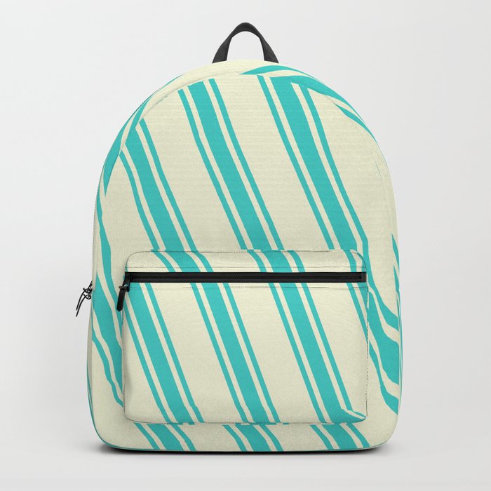 Beige and Turquoise Colored Lined/Striped Pattern Backpack