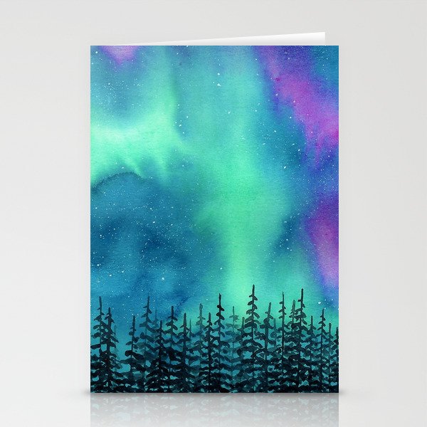 Wilderness Lights Aurora Borealis Watercolor Landscape Painting