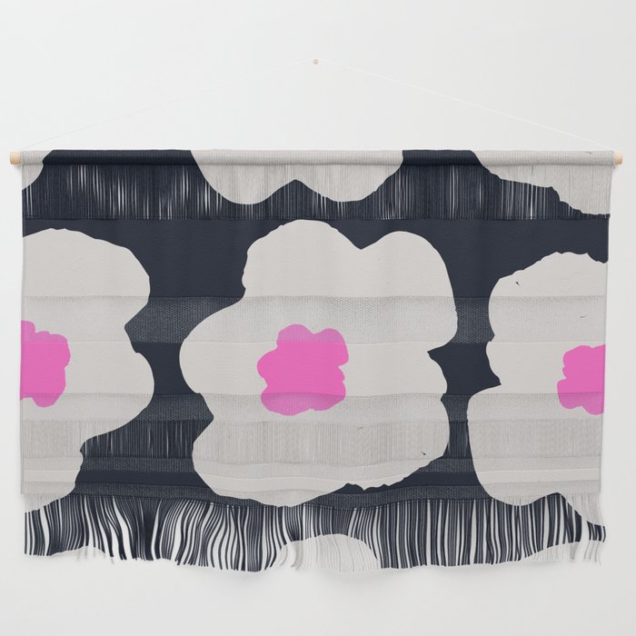 Large Pop-Art Retro Flowers in Gray Pink on Black Background  Wall Hanging