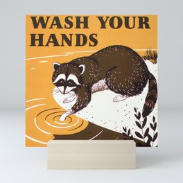 Orange Vintage Wash Your Hands Sign with Raccoon  Mini Art Print