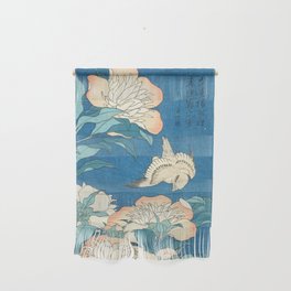 Peonies and Canary by Hokusai : Japanese Flowers Turquoise Peach Wall Hanging