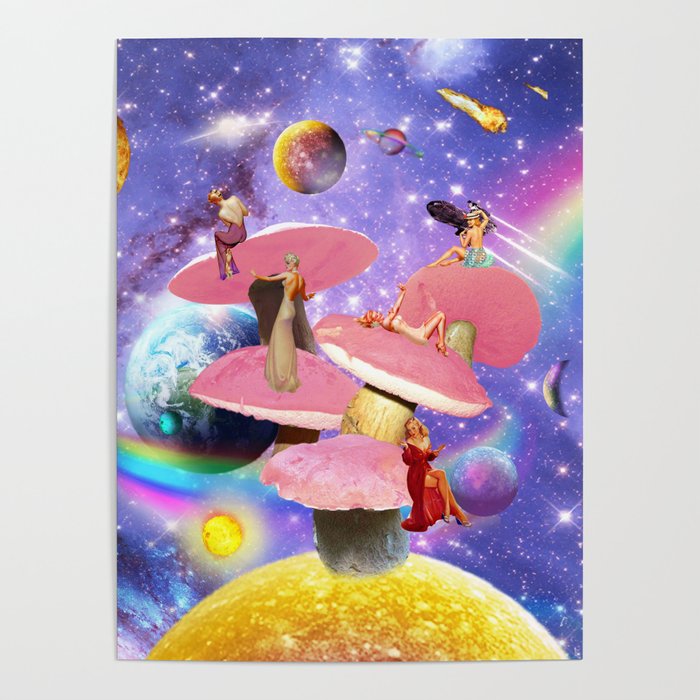 Vintage Pin-Up Girls On Pink Mushrooms In Space Poster