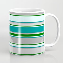 [ Thumbnail: Vibrant Light Cyan, Dark Cyan, Dark Grey, Light Grey, and Dark Green Colored Stripes Pattern Coffee Mug ]