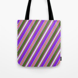 [ Thumbnail: Dark Olive Green, Light Coral, Purple & Lavender Colored Stripes/Lines Pattern Tote Bag ]