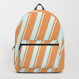 [ Thumbnail: Brown & Light Cyan Colored Lined/Striped Pattern Backpack ]