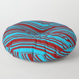 [ Thumbnail: Deep Sky Blue and Dark Red Colored Lined Pattern Floor Pillow ]