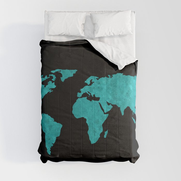 Teal Cyan Metallic Foil Map on Black Comforter