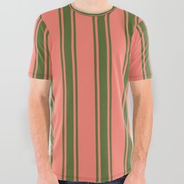 [ Thumbnail: Salmon & Dark Olive Green Colored Stripes Pattern All Over Graphic Tee ]