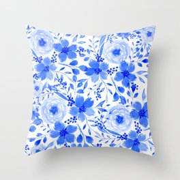 Blue and White Watercolor Florals Throw Pillow