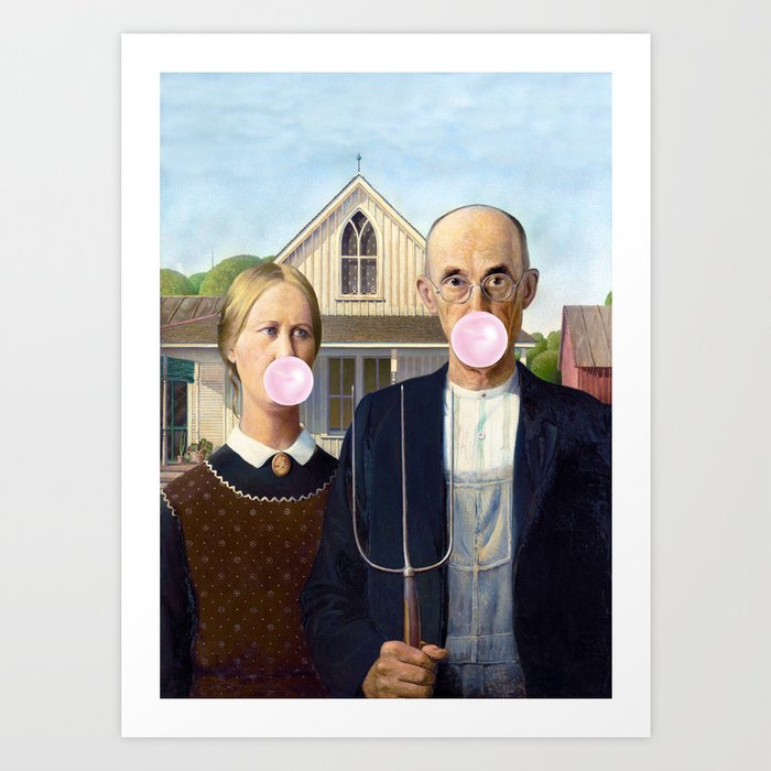American Gothic Blowing Pink Bubble gum Art Print