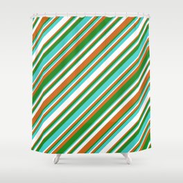 [ Thumbnail: Chocolate, Forest Green, Turquoise, and White Colored Stripes/Lines Pattern Shower Curtain ]