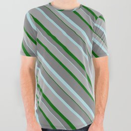 [ Thumbnail: Grey, Powder Blue, Dark Gray, and Dark Green Colored Stripes/Lines Pattern All Over Graphic Tee ]
