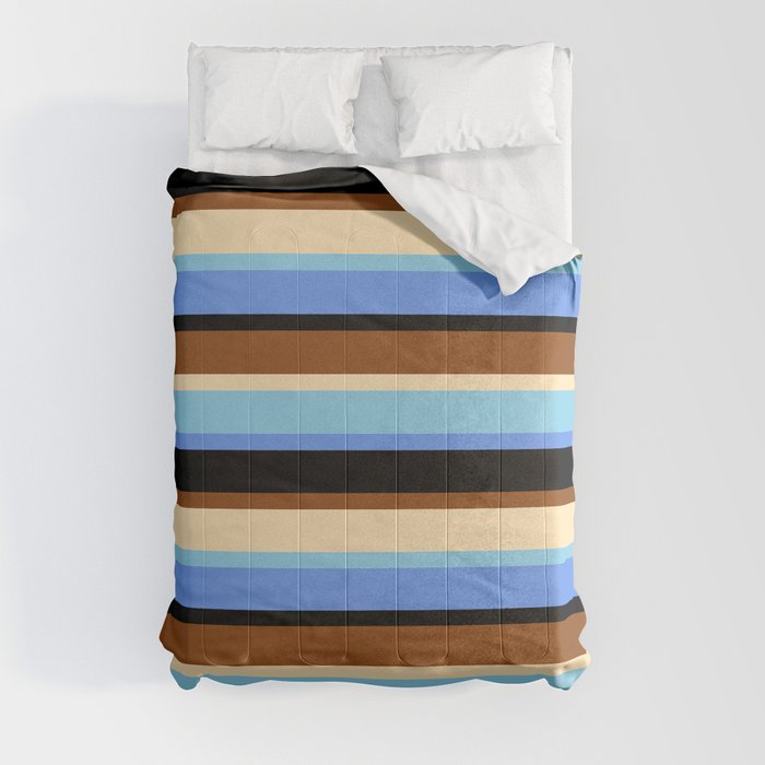 Brown, Beige, Sky Blue, Cornflower Blue & Black Colored Striped Pattern Comforter