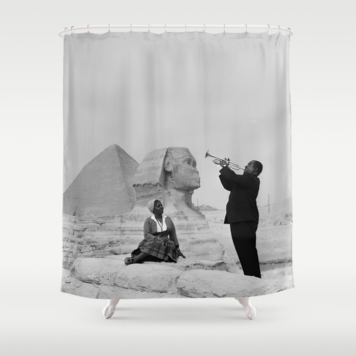 Louis Armstrong at the Spinx and Egyptian Pyrimids Vintage black and white  photography / photographs Shower Curtain by Atlantic Coast Arts and  Paintings