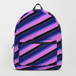 [ Thumbnail: Vibrant Midnight Blue, Royal Blue, Violet, Black, and White Colored Pattern of Stripes Backpack ]