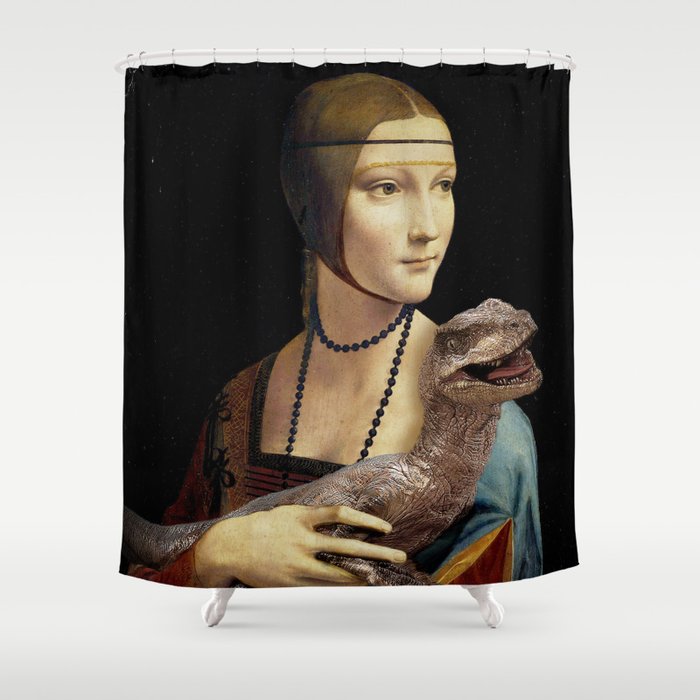 Lady with a Velociraptor Shower Curtain
