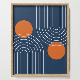 Mid Century Modern Geometric 83 in Navy Blue and Orange (Rainbow and Sun Abstraction) Serving Tray