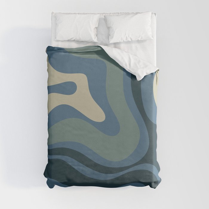 Modern Retro Liquid Swirl Abstract Pattern Square in Vintage Blue Duvet Cover