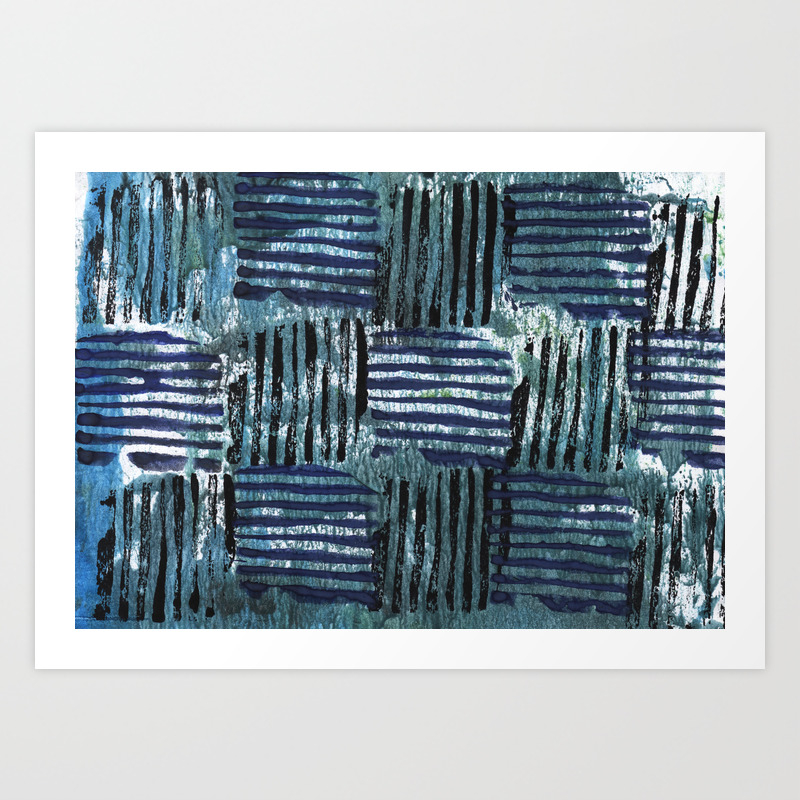 Black Blue Striped Squares Abstract Painting Art Print By Genrus