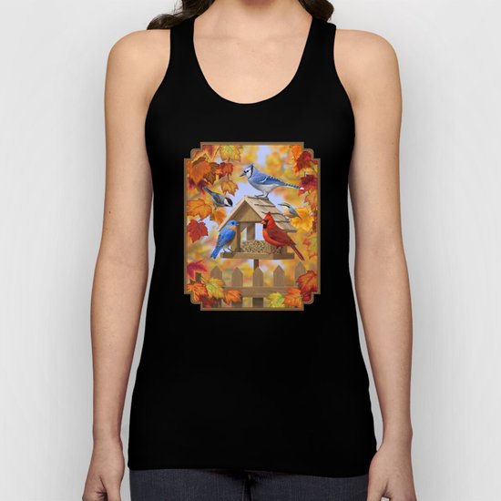 Autumn Bird Feeder Gathering Unisex Tank Top