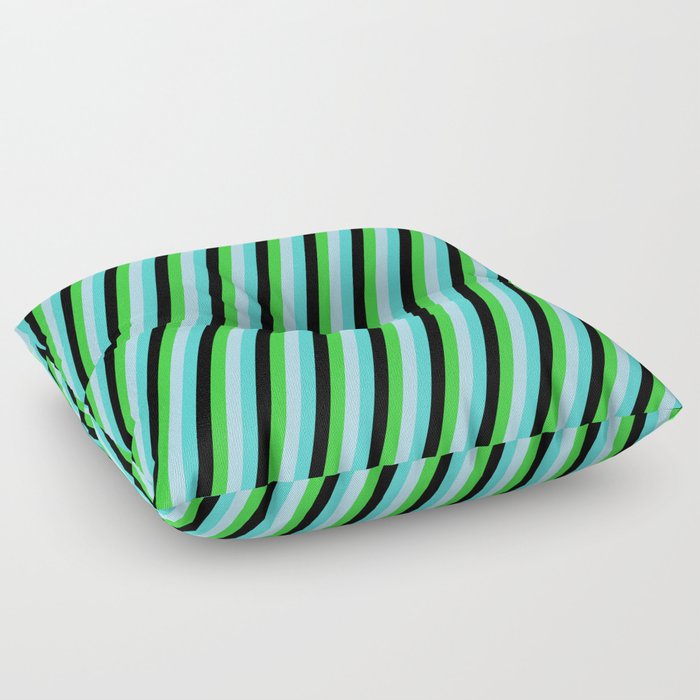 Turquoise, Black, Lime Green, and Light Blue Colored Lines/Stripes Pattern Floor Pillow