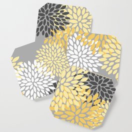 Floral Blooms, Gray, Charcoal, Yellow Coaster