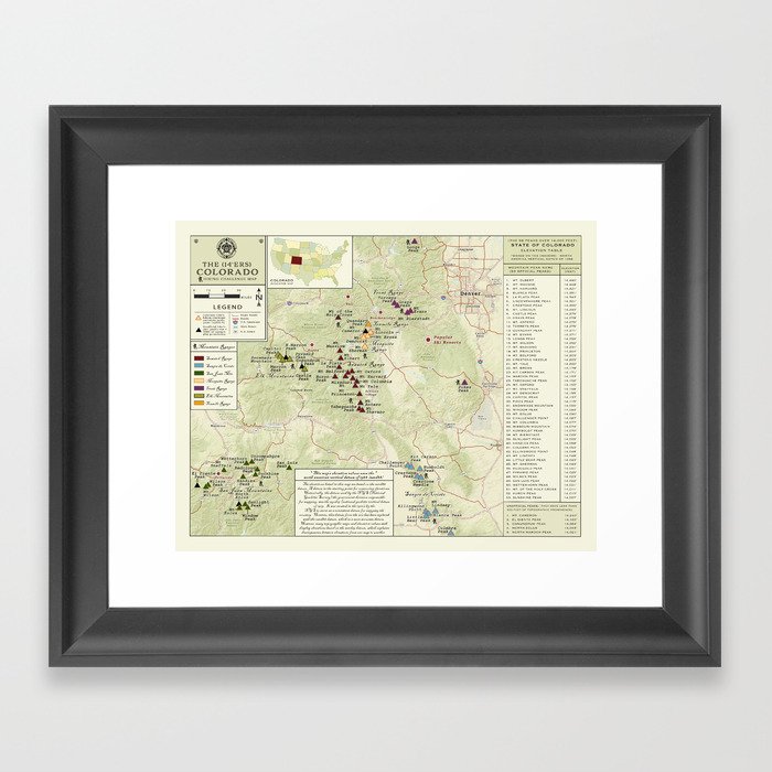 Colorado 14er's (Green hue) hiking map Framed Art Print