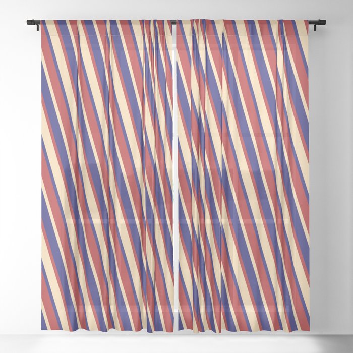 Tan, Midnight Blue & Red Colored Striped/Lined Pattern Sheer Curtain