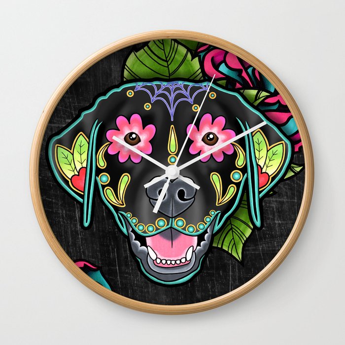 Labrador Retriever Black Lab Day Of The Dead Sugar Skull Dog Wall Clock