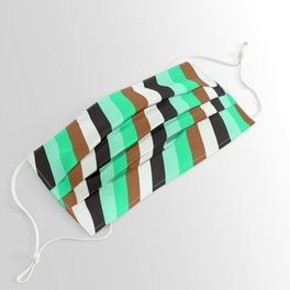 [ Thumbnail: Colorful Aquamarine, Green, Brown, Mint Cream & Black Colored Striped Pattern Face Mask ]