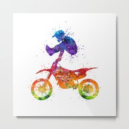 Boy Motocross Trick Colorful Watercolor Art Gift Dirt Bike Metal Print